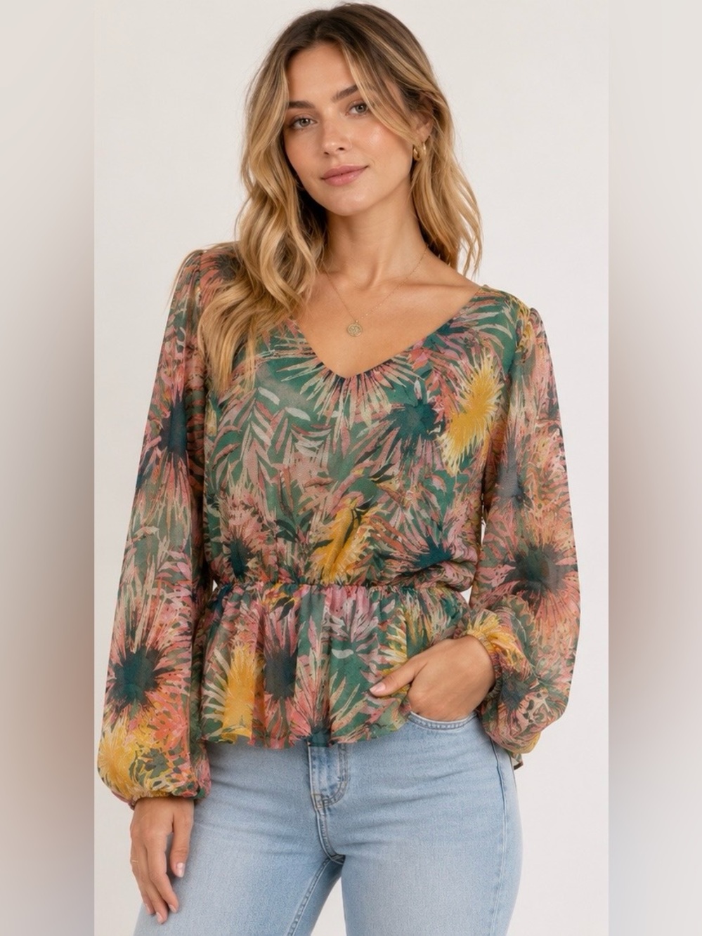 Willow & Root Mesh Lightweight Tropical Floral V-Neck Peplum Blouse Size Large